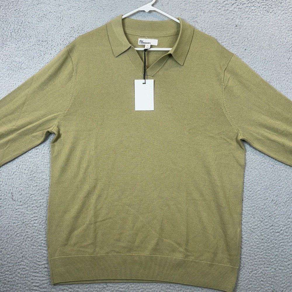 NEW The Commons Polo Sweater Mens Large Olive Green Merino Wool Knit Pullover